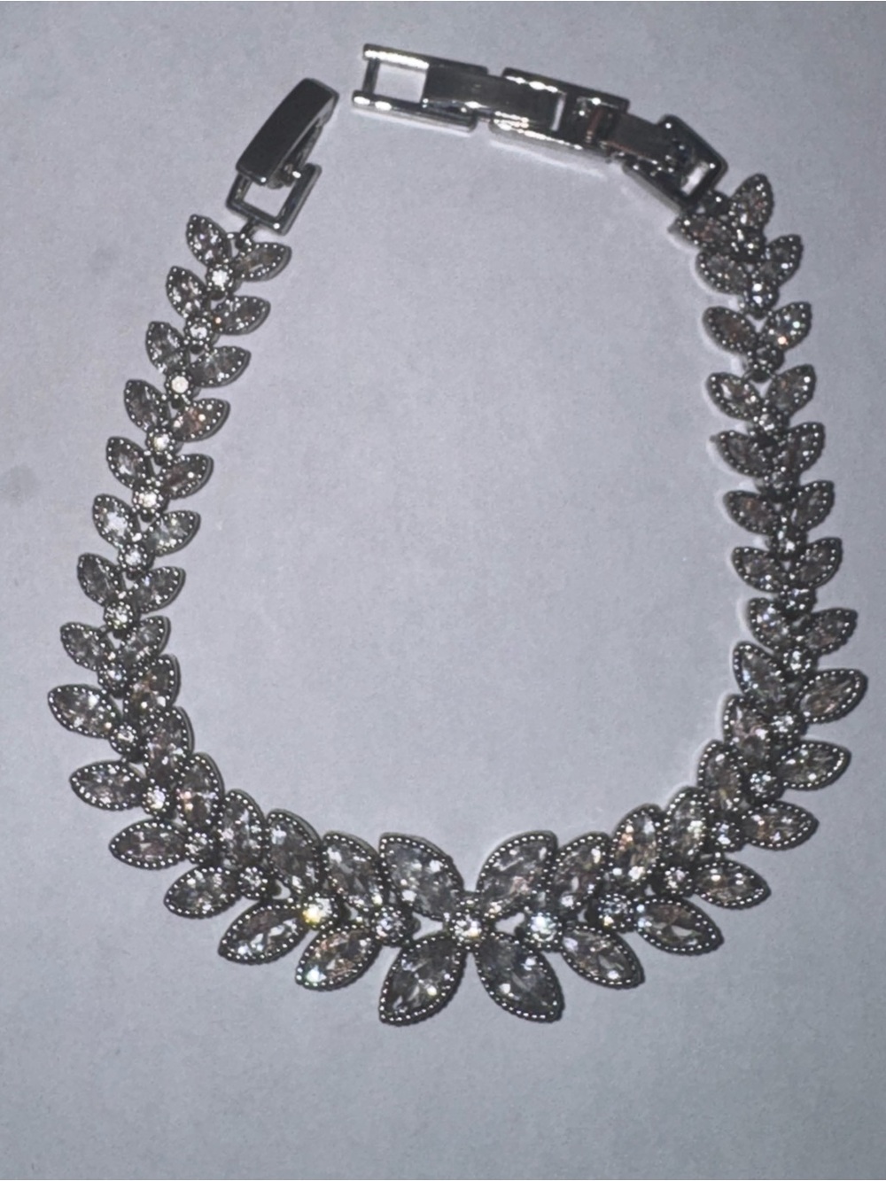Silver Tone Crystal Leaf Bracelet — 7 inches long open untested unmarked